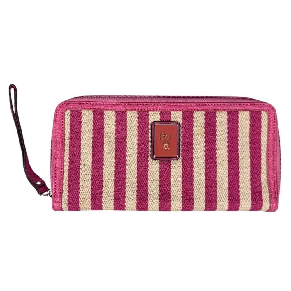 Vintage Guess Women's Striped Pink Wristlet Wallet with Logo Accents Zip Around